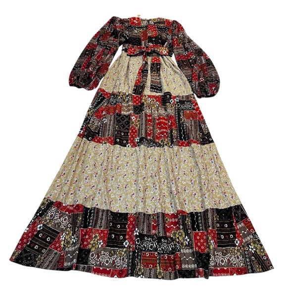 Vintage‎ 70s Patchwork Prairie Maxi Dress Balloon Sleeves XS Boho Hippie - Picture 9 of 12